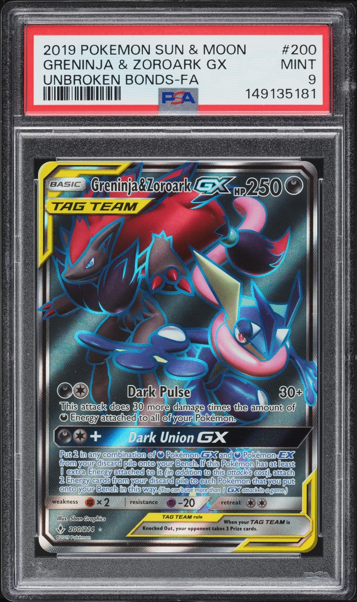 2019 Pokemon Sun & Moon Unbroken Bonds Full Art Greninja & Zoroark GX #200 PSA 9 MINT