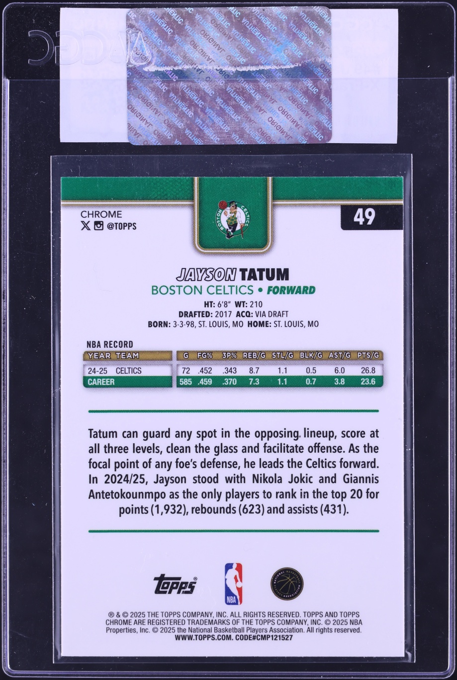 2025 Topps Chrome Xfractor Jayson Tatum #49 CGC AUTH