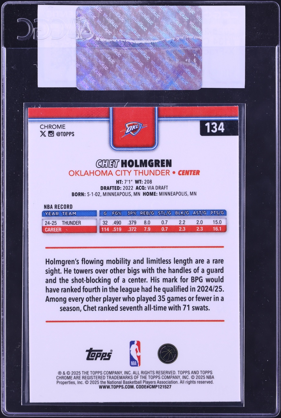 2025 Topps Chrome Xfractor Chet Holmgren #134 CGC AUTH