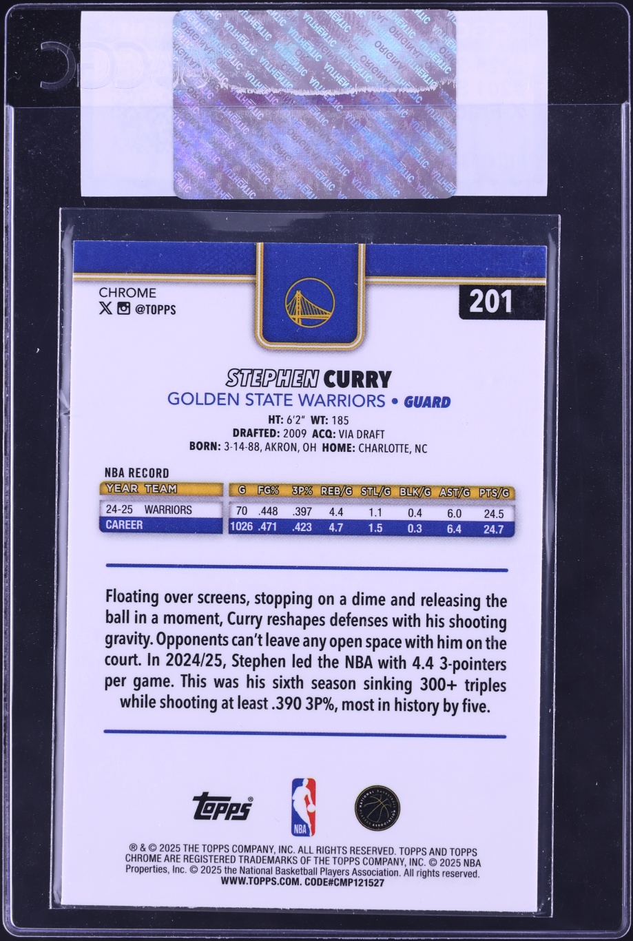2025 Topps Chrome Xfractor Stephen Curry #201 CGC AUTH
