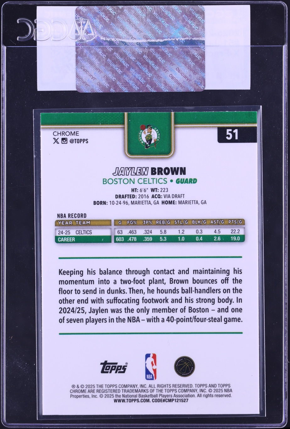 2025 Topps Chrome Xfractor Jaylen Brown #51 CGC AUTH