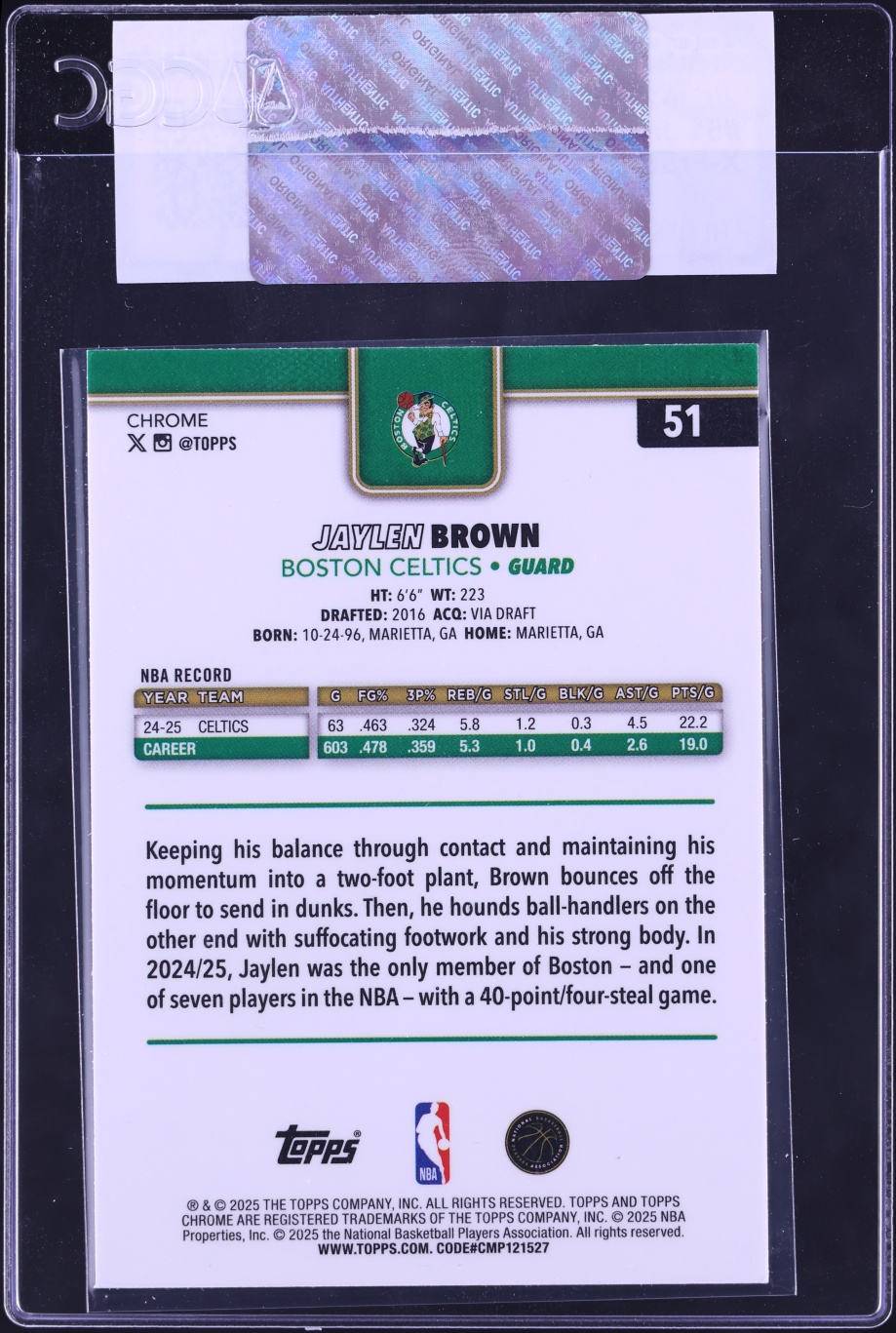 2025 Topps Chrome Xfractor Jaylen Brown #51 CGC AUTH