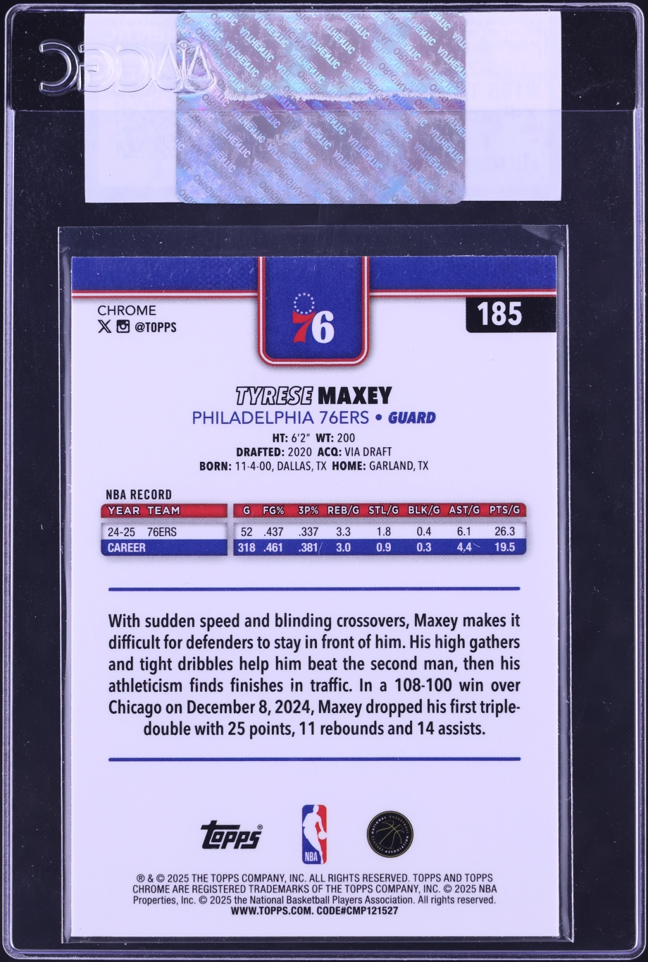 2025 Topps Chrome Xfractor Tyrese Maxey #185 CGC AUTH
