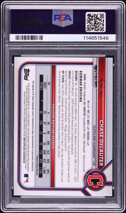 2022 Bowman Draft Chrome Superfractor Chase DeLauter PROSPECT AUTO DNA AUTH 1/1 #CDA-CD PSA 9