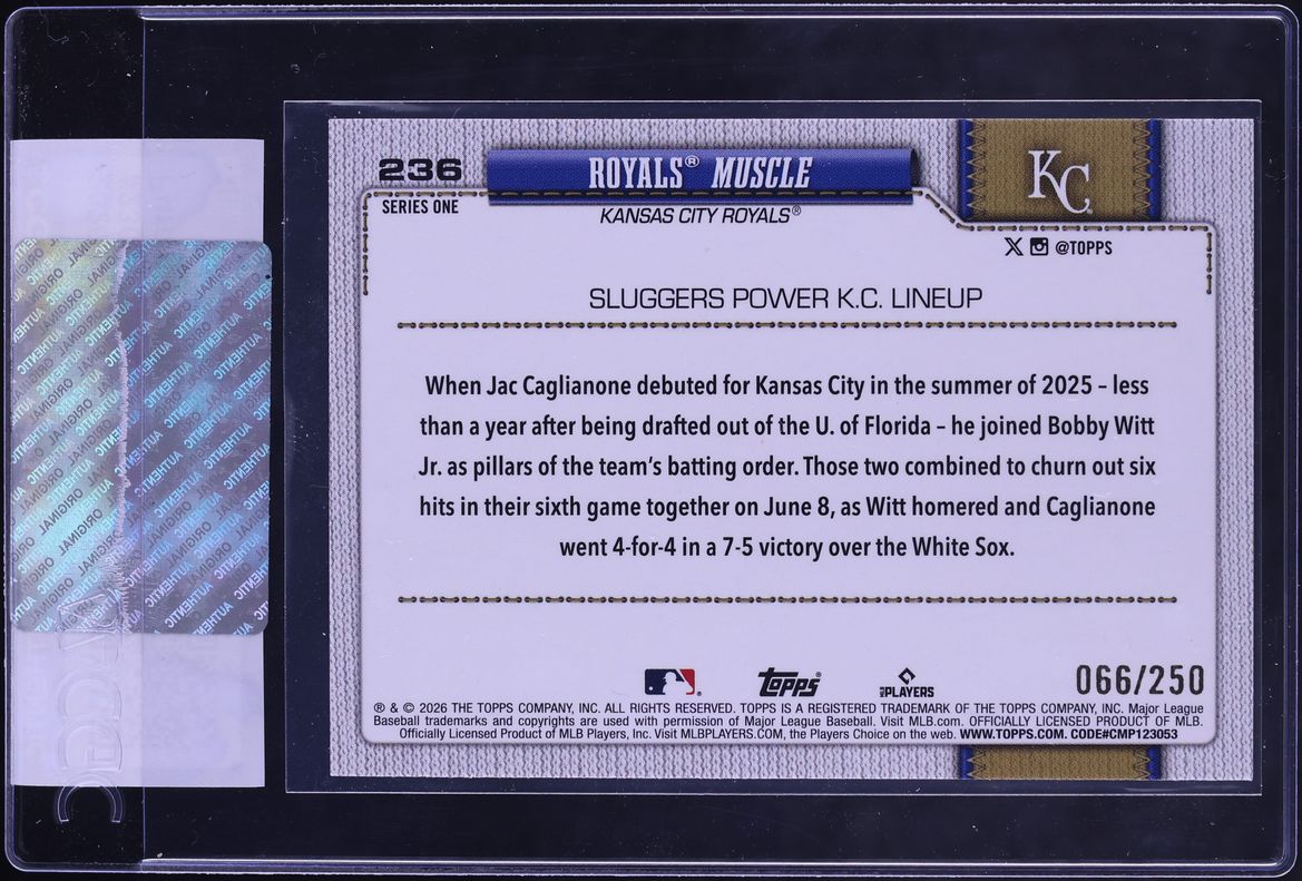 2026 Topps Purple Rainbow Foil Royals Muscle Bobby Witt Jr. Jac Caglianone /250 #236 CGC AUTH