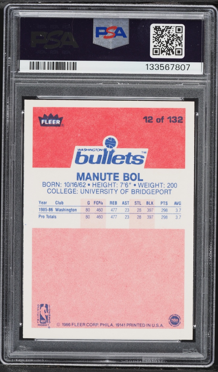 1986 Fleer Basketball Manute Bol ROOKIE #12 PSA 7 NRMT
