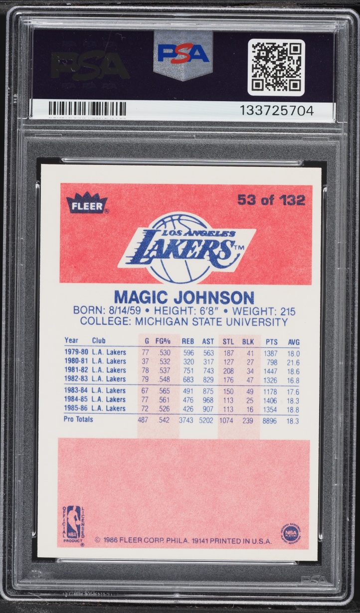 1986 Fleer Basketball Magic Johnson #53 PSA 7 NRMT