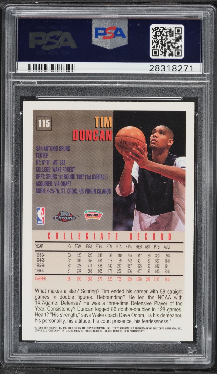 1997 Topps Chrome Tim Duncan ROOKIE #115 PSA 9 MINT