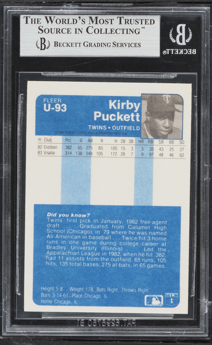 1984 Fleer Update Kirby Puckett ROOKIE #U-93 BGS 8.5 NM-MT+