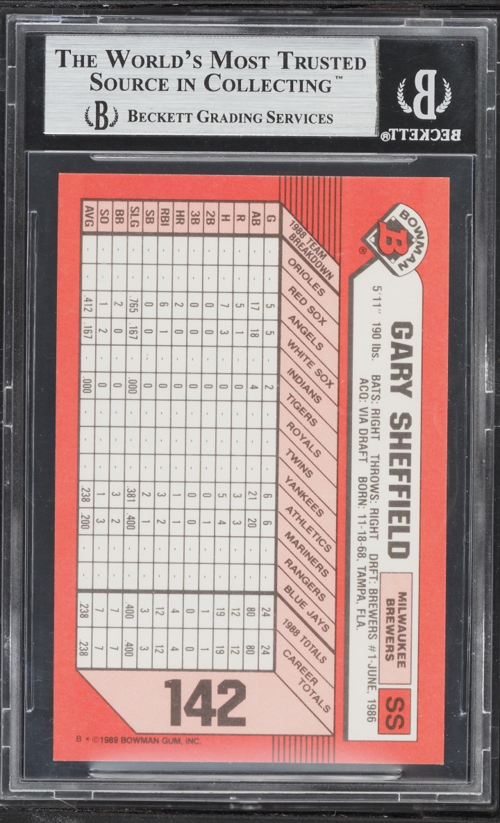 1989 Bowman Tiffany Gary Sheffield ROOKIE #142 BGS 9 MINT
