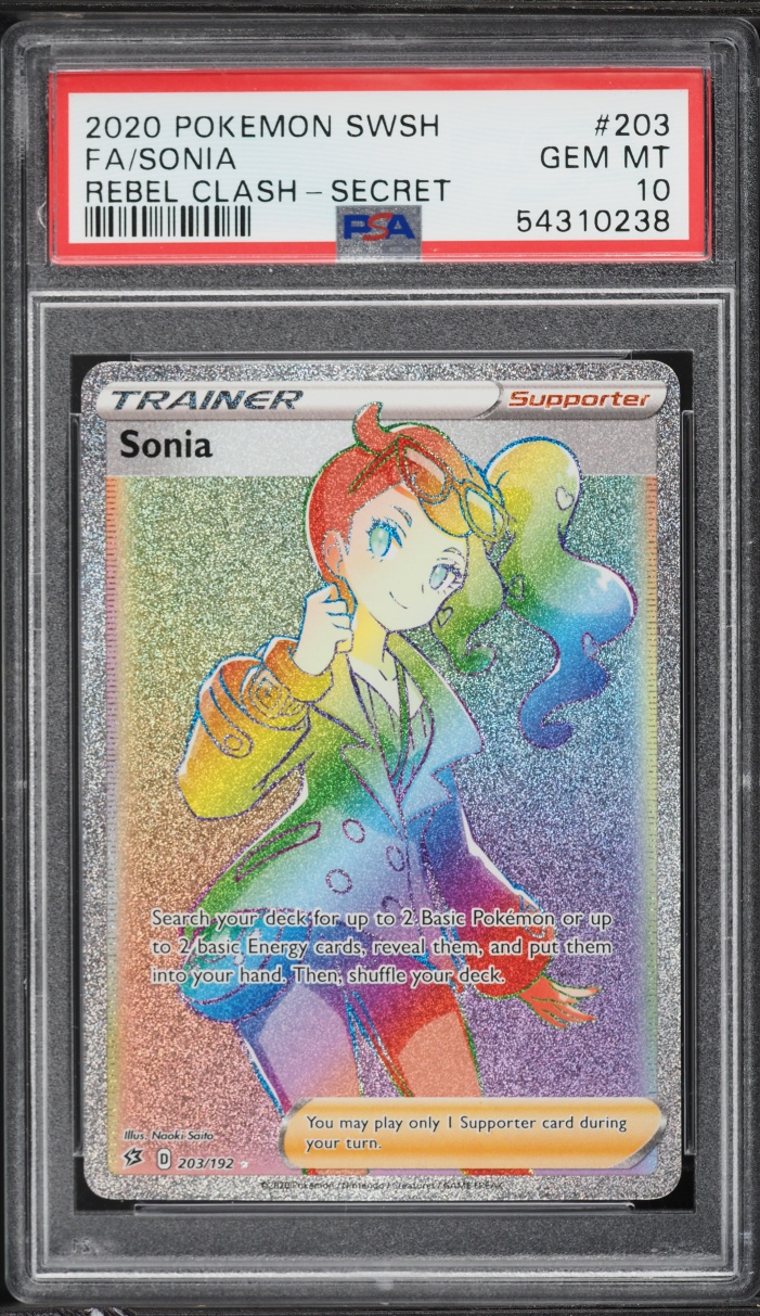 2020 Pokemon Sword & Shield Rebel Clash Rainbow Rare Sonia #203 PSA 10 GEM MINT