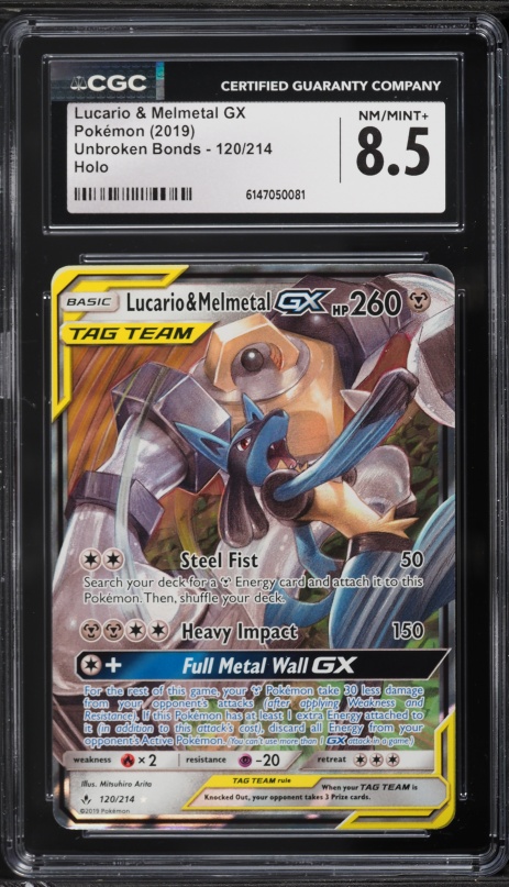 2019 Pokemon Sun & Moon Unbroken Bonds Holo Lucario & Melmetal GX #120 CGC 8.5 NM-MT+