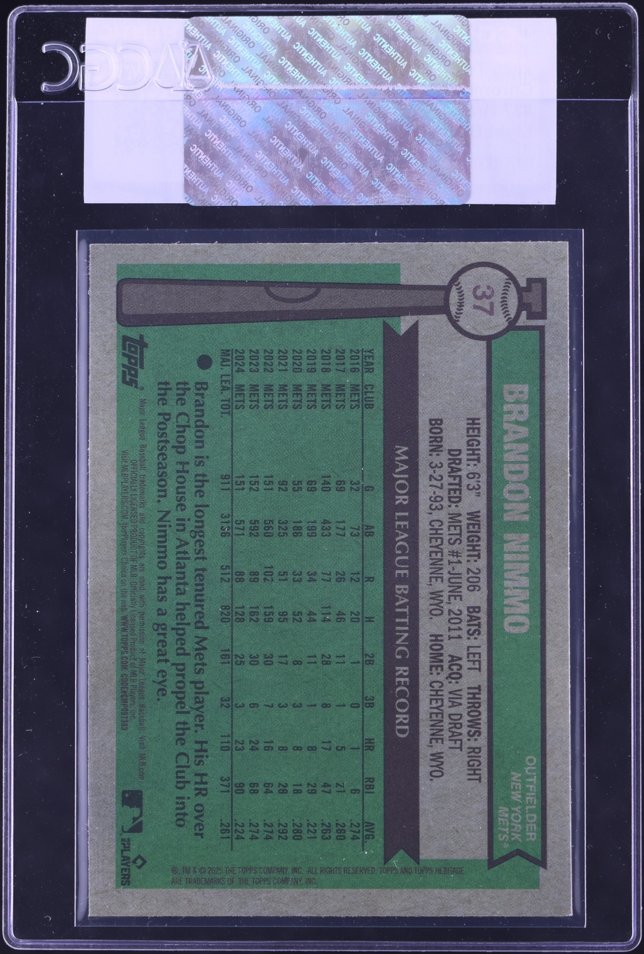 2025 Topps Heritage Chrome Light Blue Sparkle Refractor Brandon Nimmo #37 CGC AUTH