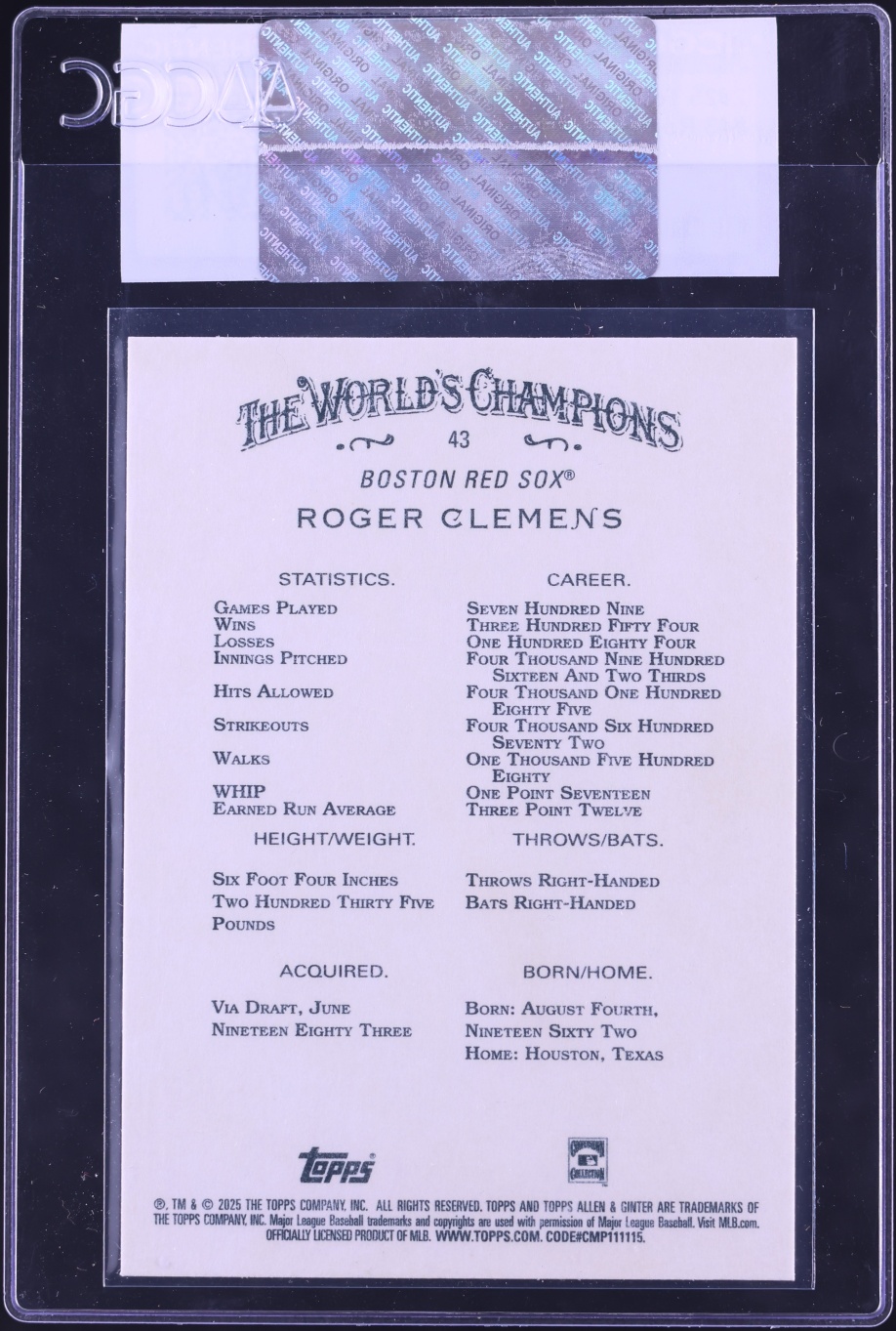 2025 Topps Allen & Ginter Roger Clemens #43 CGC AUTH