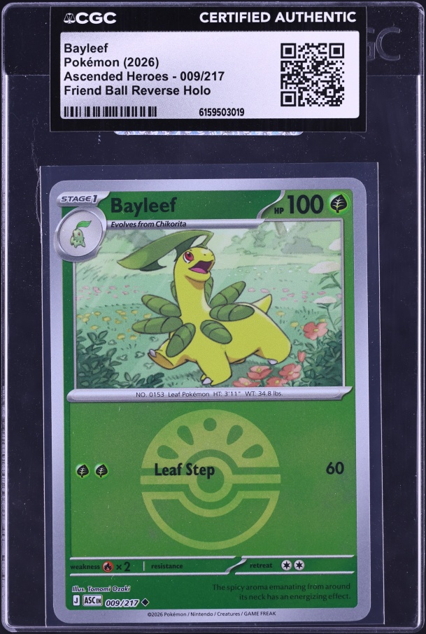 2026 Pokemon Mega Evolution Ascended Heroes Friend Ball Reverse Holo Bayleef #009 CGC AUTH