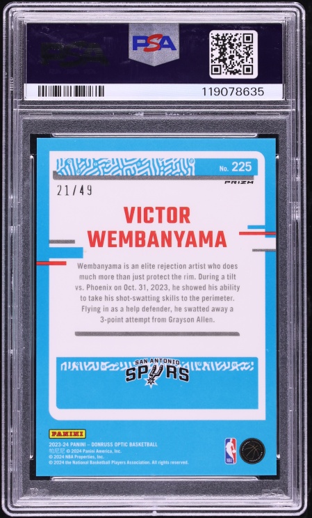 2023 Donruss Optic Blue Victor Wembanyama ROOKIE /49 #225 PSA 10 GEM MINT