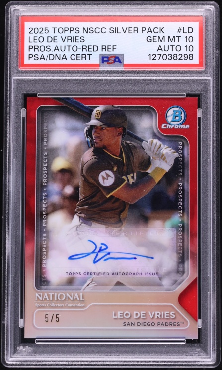 2025 Topps National Convention Silver Pack Red Ref Leo De Vries PROSPECT AUTO DNA 10 5/5 PSA 10