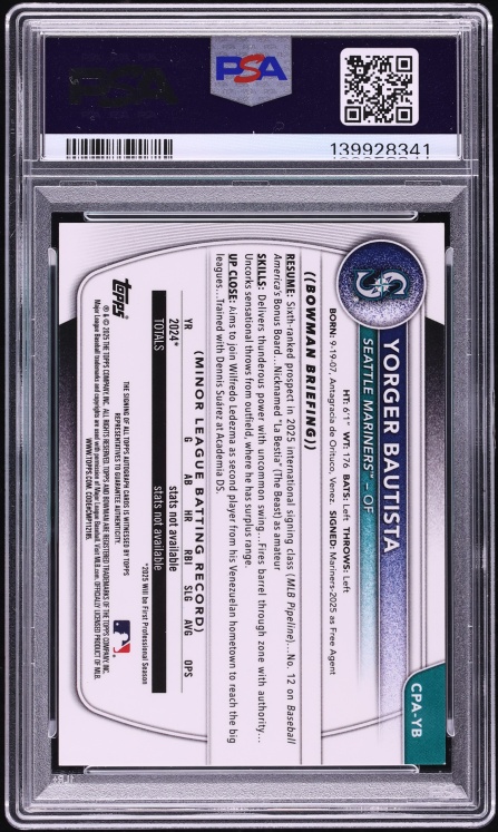 2025 Bowman Chrome Black Reptilian Yorger Bautista PROSPECT AUTO /10 #CPAYB PSA 10 GEM MINT