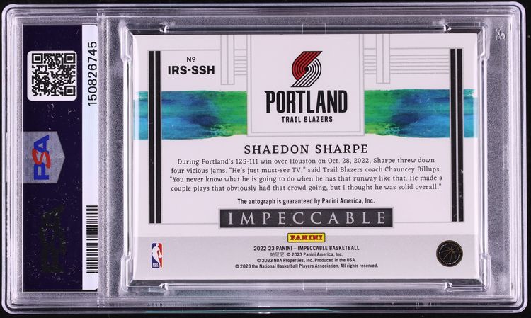 2022 Panini Impeccable Shaedon Sharpe ROOKIE AUTO /99 #IRS-SSH PSA 8 NM-MT