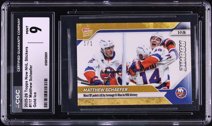2025 Topps Now NHL Stickers Gold Ice Matthew Schaefer ROOKIE 1/1 #117 CGC 9 MINT