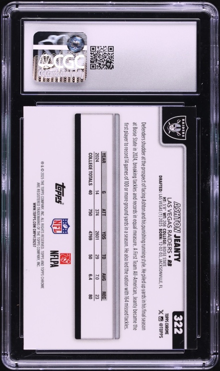 2025 Topps Chrome Football Ashton Jeanty ROOKIE #322 CGC 8.5 NM-MT+