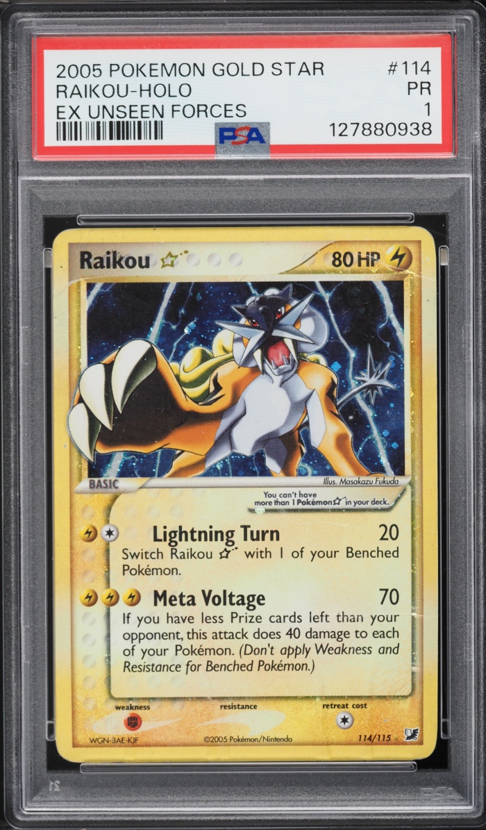 2005 Pokemon EX Unseen Forces Holo Raikou Gold Star #114 PSA 1 PR