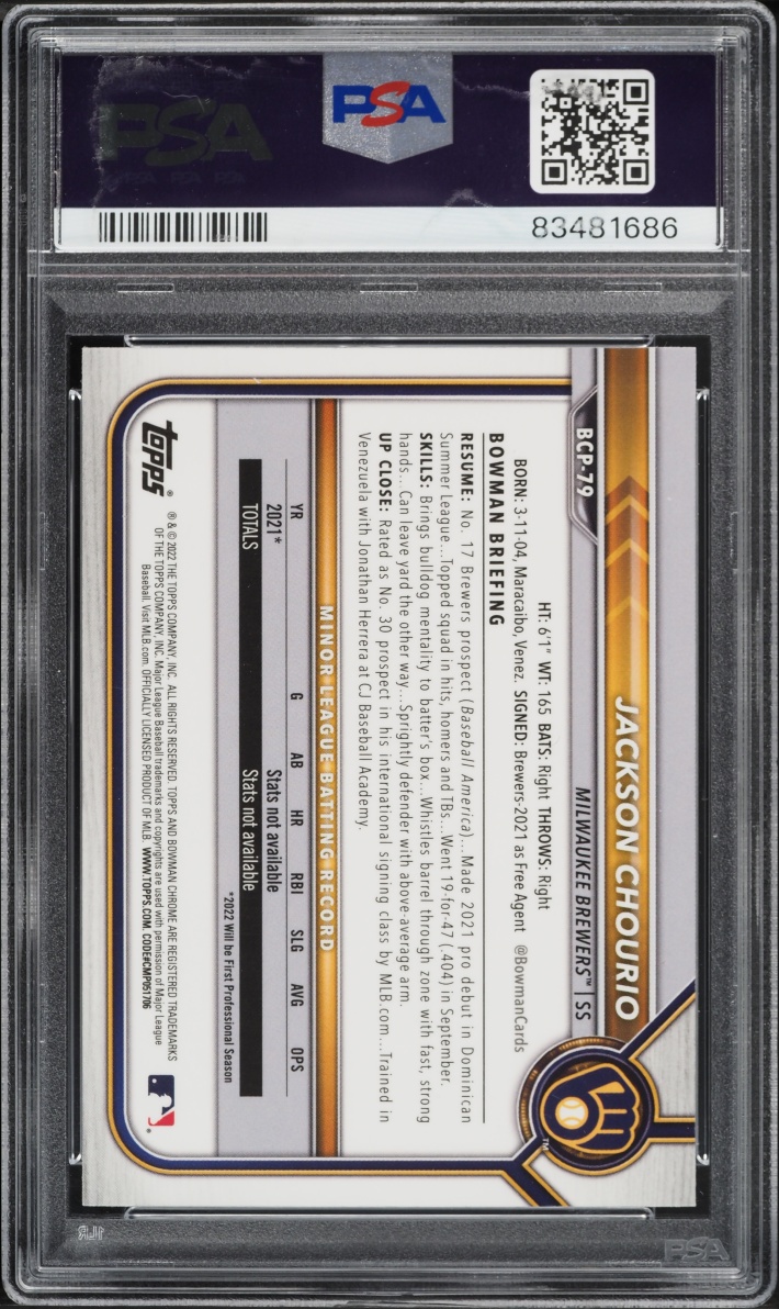 2022 Bowman Chrome Jackson Chourio PROSPECT #BCP-79 PSA 10 GEM MINT