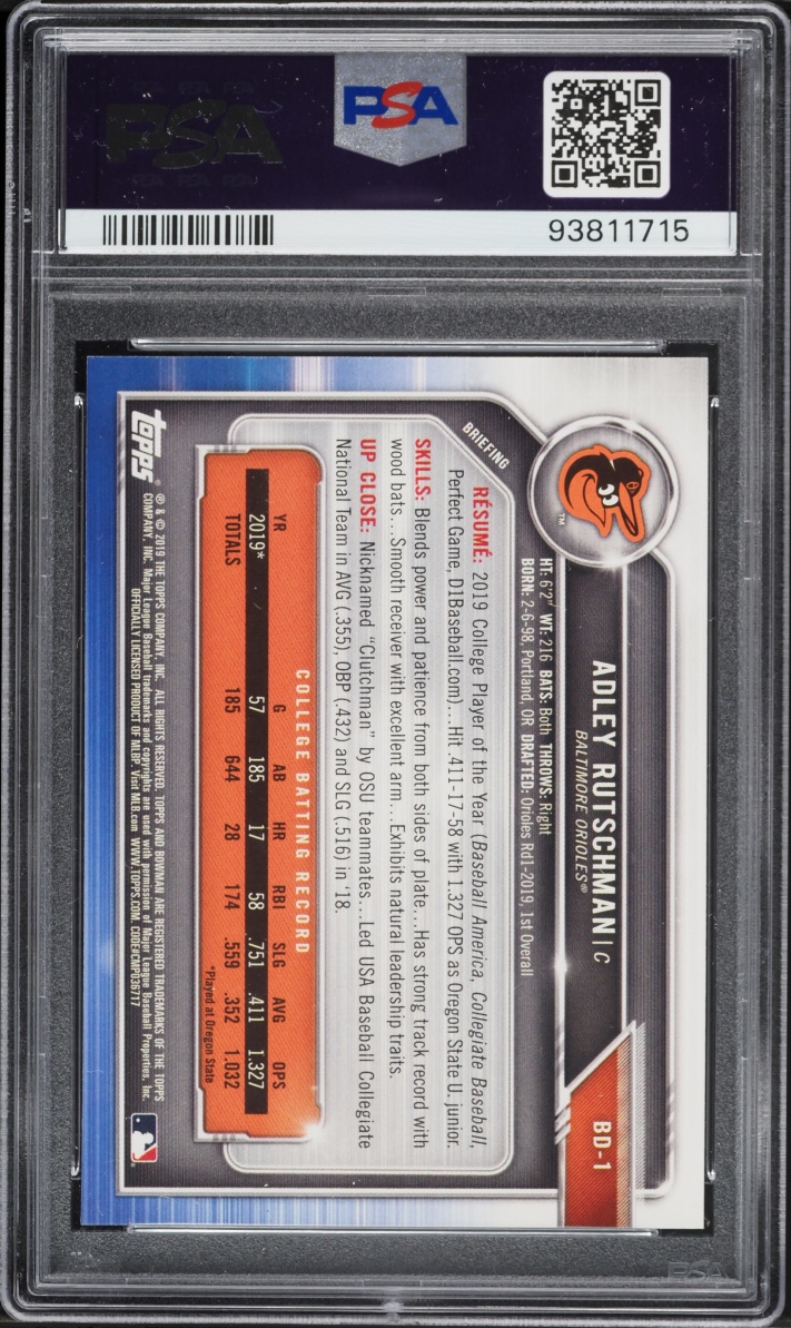 2019 Bowman Draft Adley Rutschman PROSPECT #BD-1 PSA 10 GEM MINT