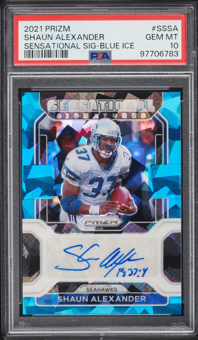 2021 Panini Prizm Sensational Blue Ice Shaun Alexander AUTO /99 #SS-SA PSA 10 GEM MINT