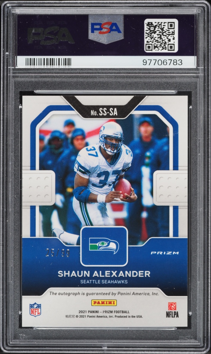 2021 Panini Prizm Sensational Blue Ice Shaun Alexander AUTO /99 #SS-SA PSA 10 GEM MINT