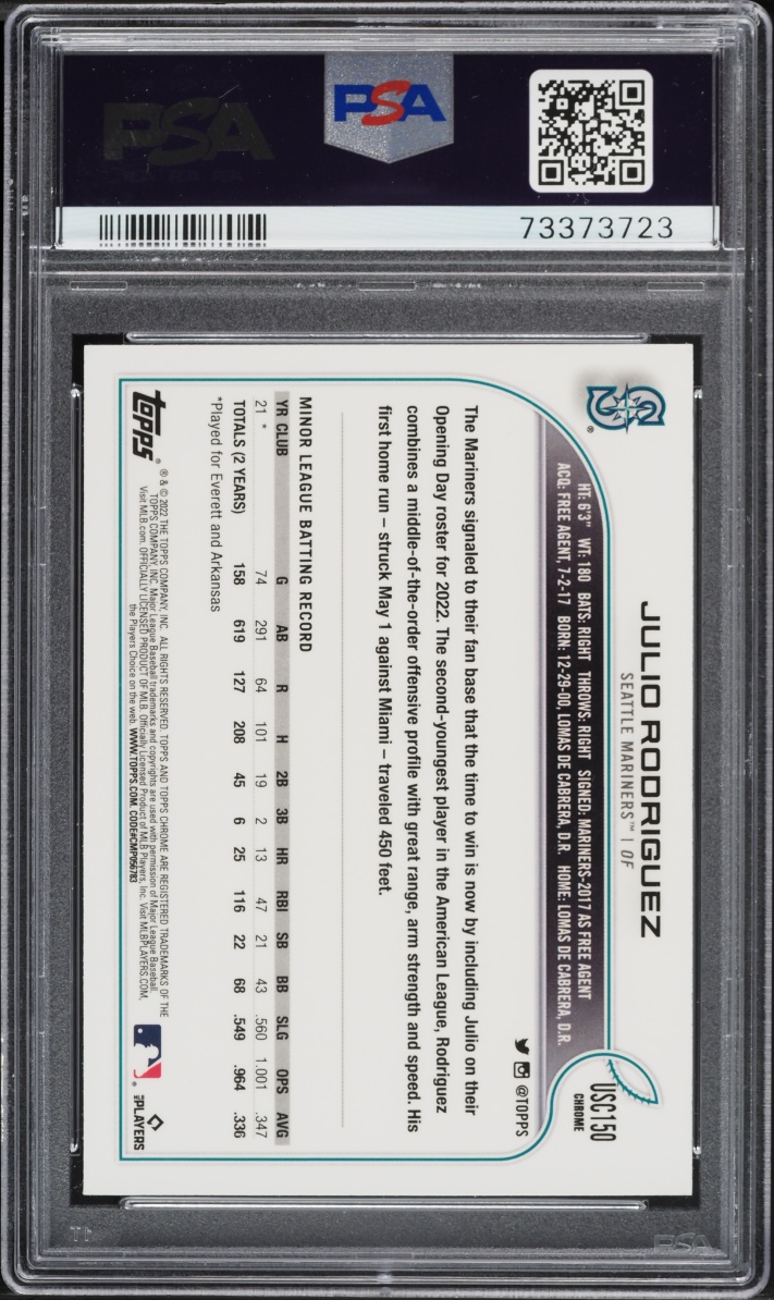 2022 Topps Chrome Update Purple Refractor Julio Rodriguez ROOKIE #USC150 PSA 10 GEM MINT