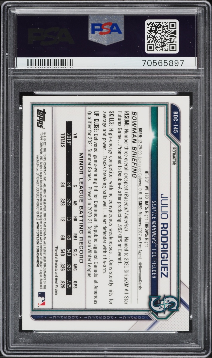 2021 Bowman Chrome Draft Refractor Julio Rodriguez PROSPECT #BDC-145 PSA 10 GEM MINT