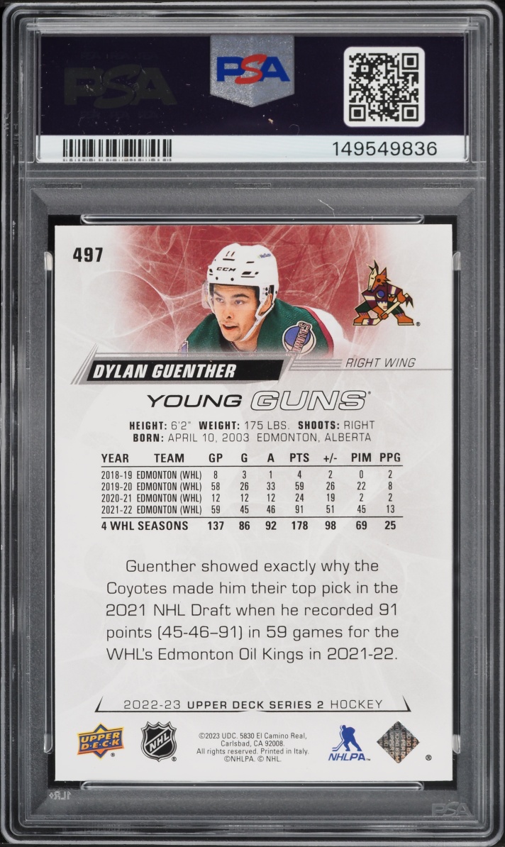 2022 Upper Deck Young Guns Dylan Guenther ROOKIE #497 PSA 9 MINT