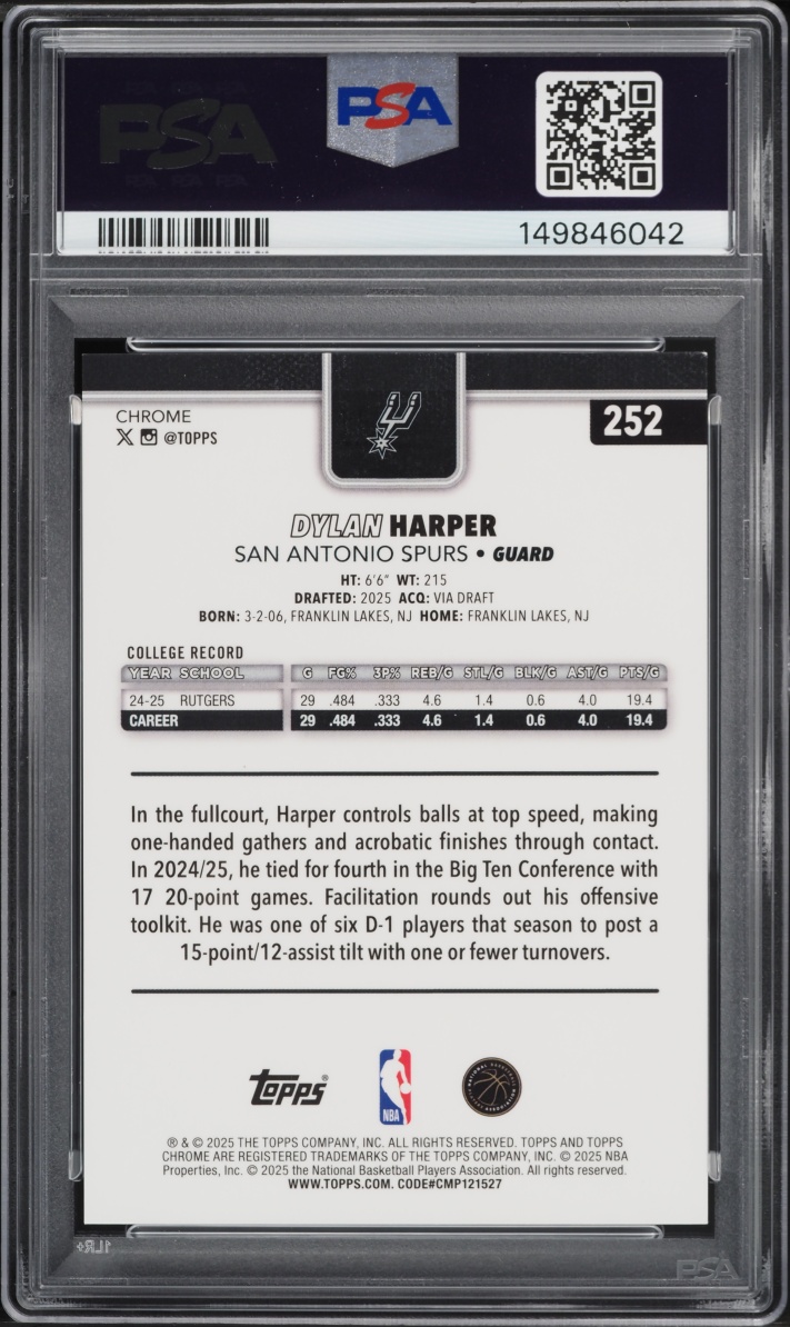 2025 Topps Chrome Image Variation Green Speckle Dylan Harper ROOKIE /99 #252 PSA 8 NM-MT