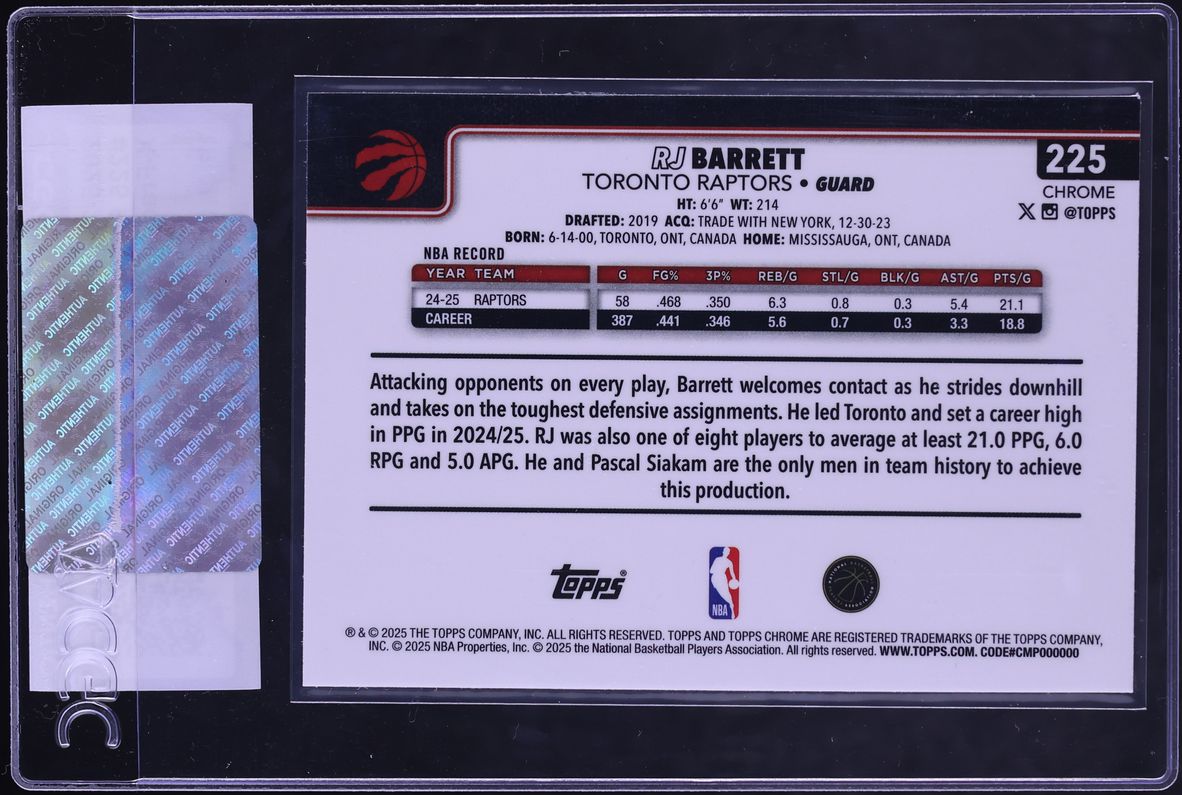 2025 Topps Chrome XFractor RJ Barrett #225 CGC AUTH