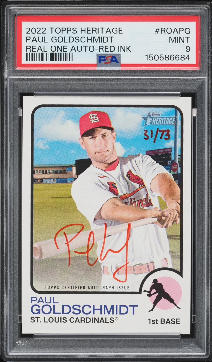 2022 Topps Heritage Real One Red Ink Paul Goldschmidt AUTO /73 #ROAPG PSA 9 MINT