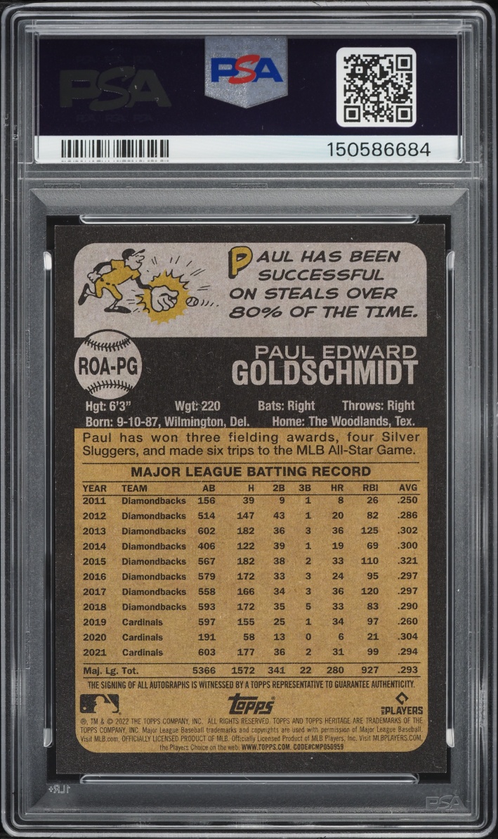 2022 Topps Heritage Real One Red Ink Paul Goldschmidt AUTO /73 #ROAPG PSA 9 MINT