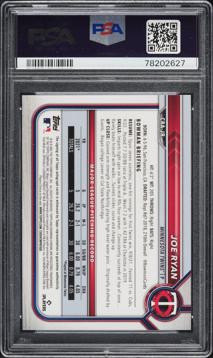 2022 Bowman Chrome Blue Refractor Joe Ryan ROOKIE AUTO /150 #CRAJR PSA 9 MINT