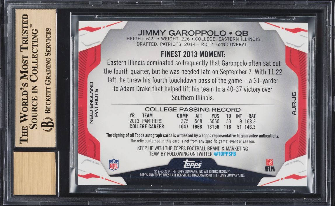 2014 Finest Jumbo Blue Refractors Jimmy Garoppolo RC PATCH AUTO /99 #AJRJG BGS 9.5 GEM MINT