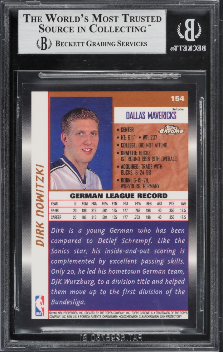 1998 Topps Chrome Refractor Dirk Nowitzki ROOKIE #154 BGS 9 MINT