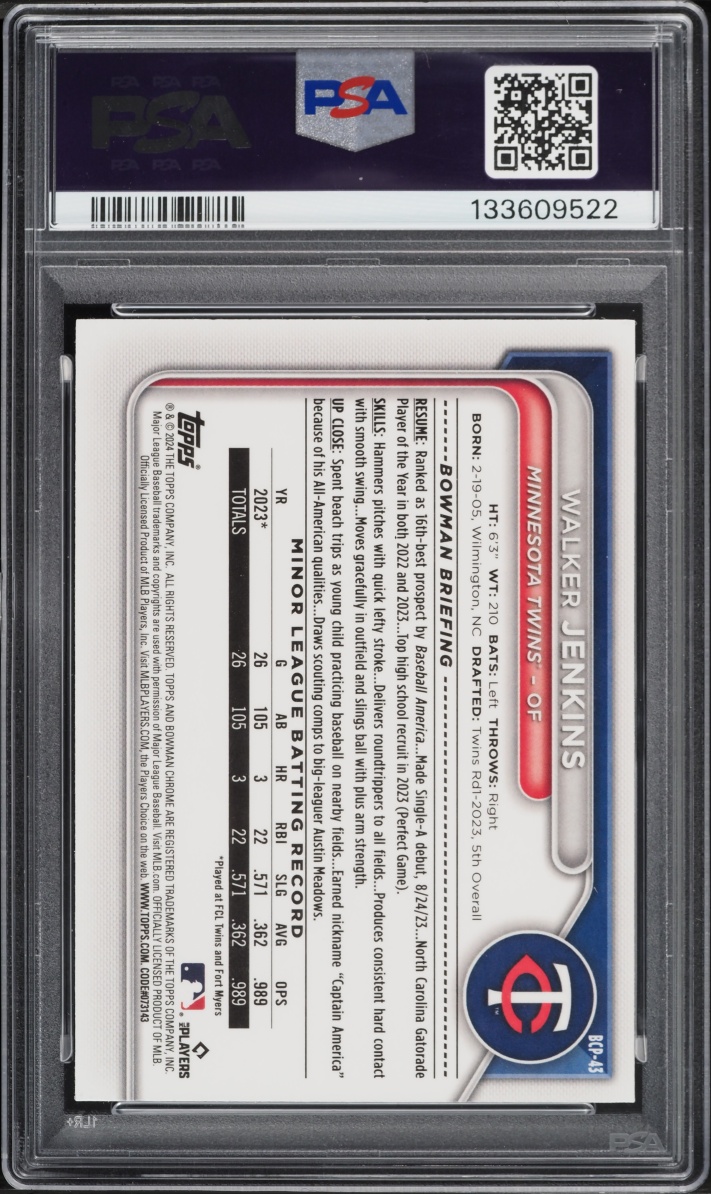 2024 Bowman Chrome Yellow Refractor Walker Jenkins PROSPECT /75 #BCP43 PSA 10 GEM MINT