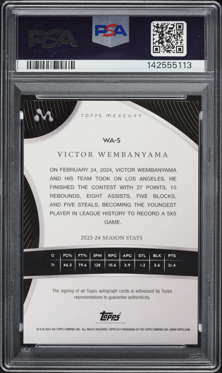 2023 Topps Mercury Blue Refractor Victor Wembanyama ROOKIE AUTO /75 #WA-5 PSA 8 NM-MT