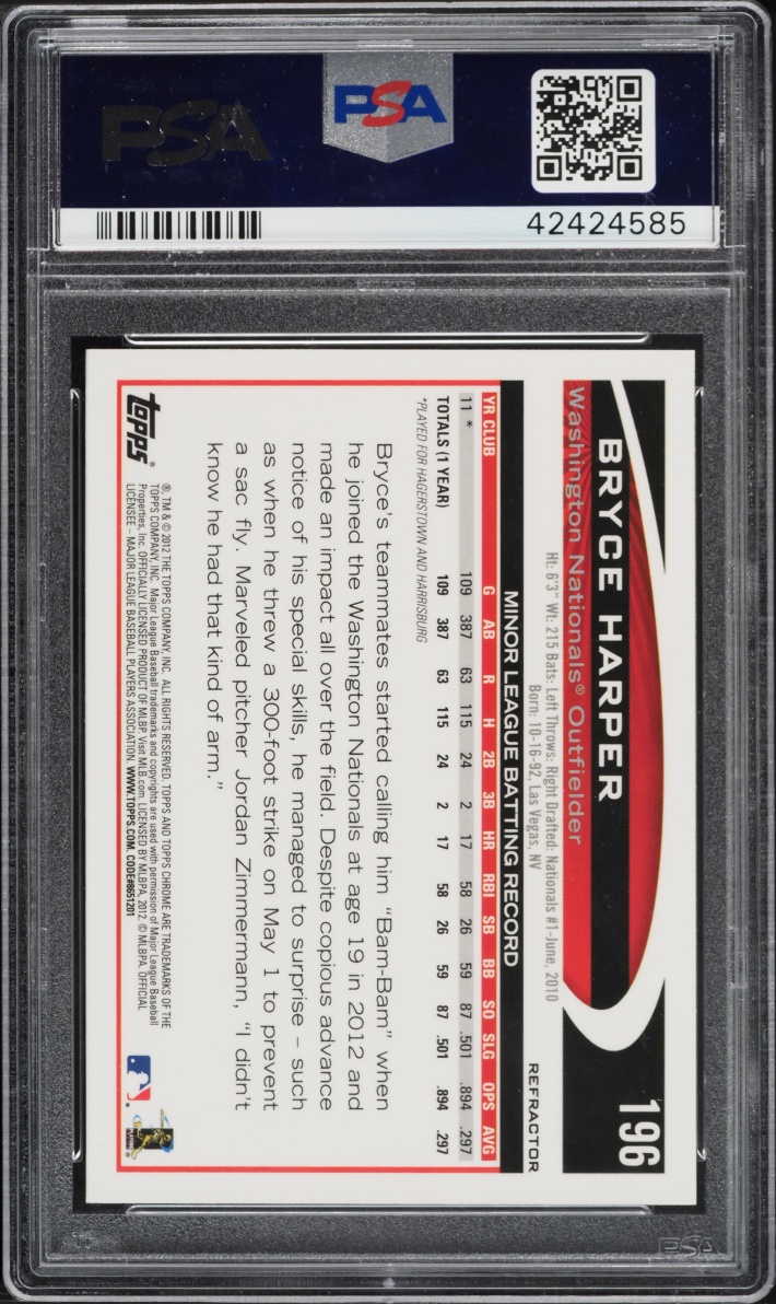 2012 Topps Chrome Hitting Refractor Bryce Harper ROOKIE #196 PSA 10 GEM MINT
