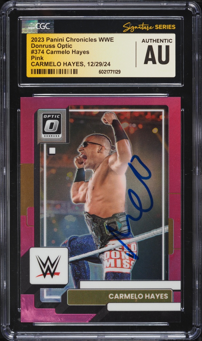 2023 Panini Chronicles WWE Donruss Optic Pink Carmelo Hayes AUTO /199 CGC Signature Series AUTH