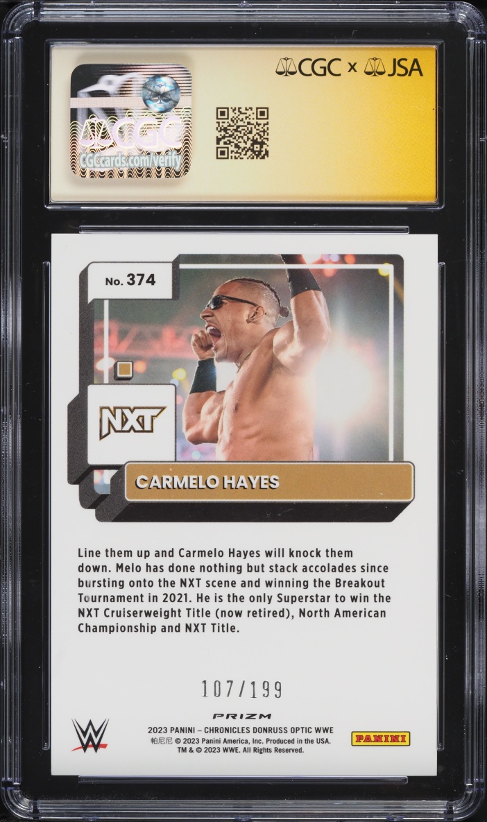2023 Panini Chronicles WWE Donruss Optic Pink Carmelo Hayes AUTO /199 CGC Signature Series AUTH