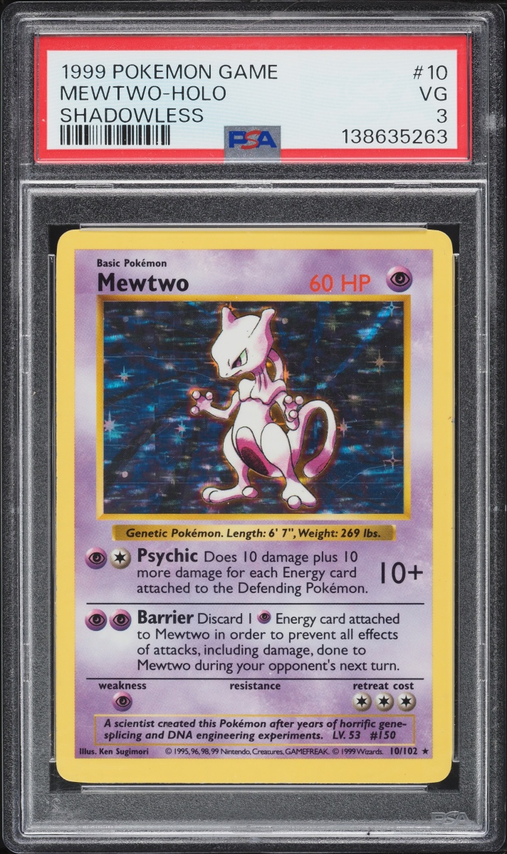 1999 Pokemon Base Set Shadowless Holo Mewtwo #10 PSA 3 VG
