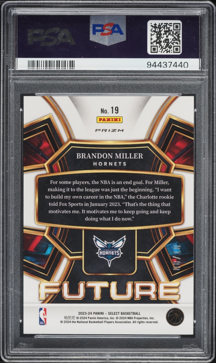 2023 Select Future Gold Prizm Brandon Miller ROOKIE #19 PSA 9 MINT