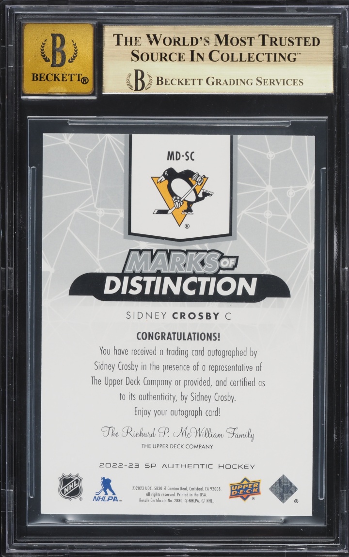 2022 SP Authentic Marks Of Distinction Sidney Crosby AUTO #MDSC BGS 9.5 GEM MINT