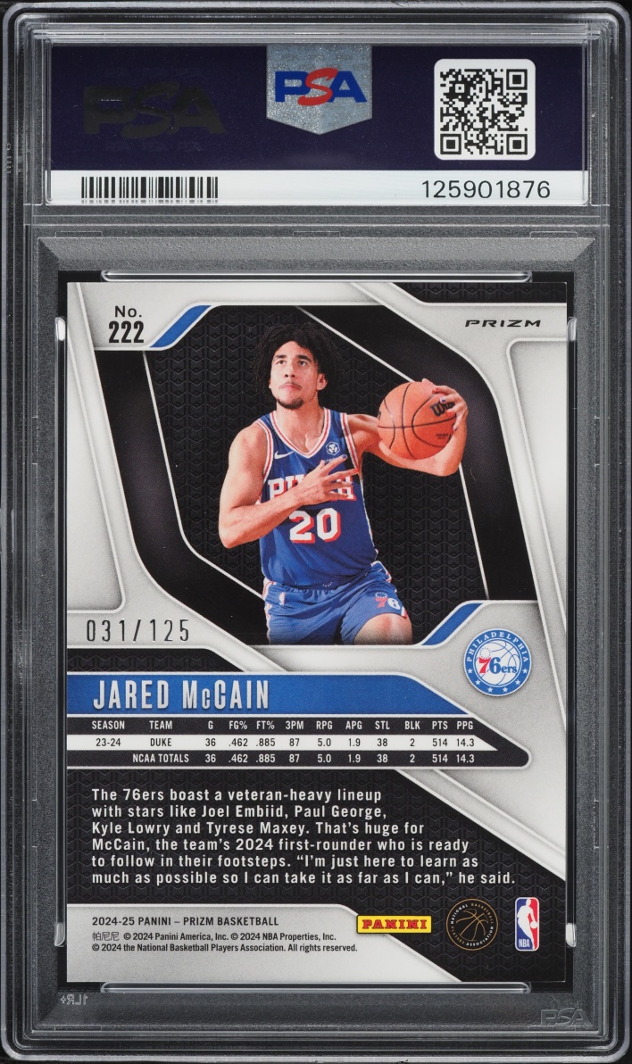 2024 Panini Prizm Blue Wave Jared McCain ROOKIE /125 #222 PSA 10 GEM MINT