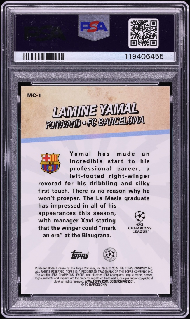 2023 Topps Merlin UEFA Club Competitions Chosen One Lamine Yamal ROOKIE #MC-1 PSA 10 GEM MINT